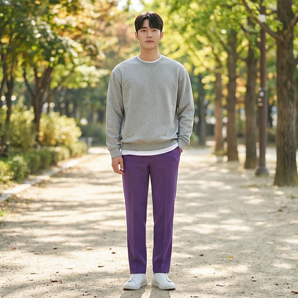 그레이 맨투맨: 편안한 근교 나들이 스타일