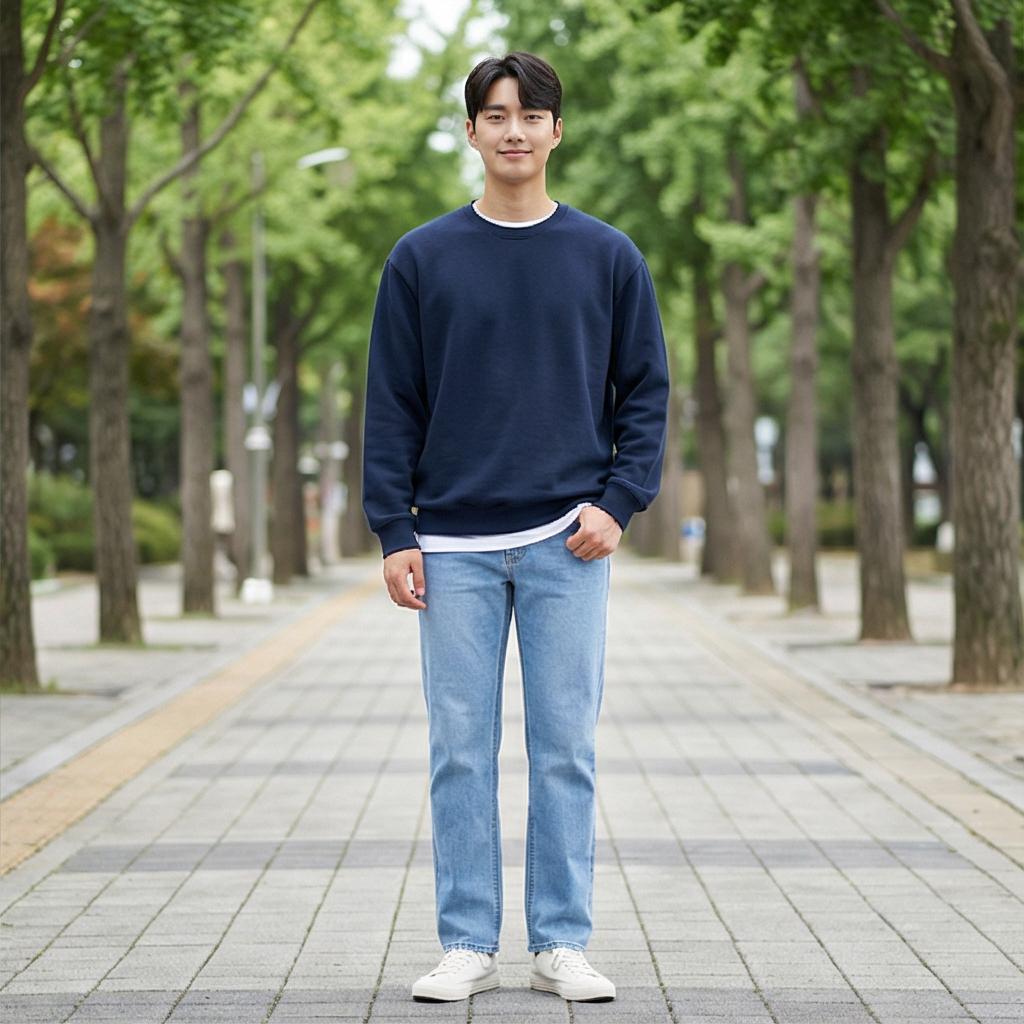 네이비 맨투맨과 니트: 차분한 캠퍼스룩