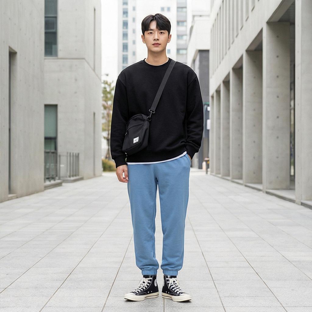 검정 맨투맨: 단정한 분위기의 마실 룩