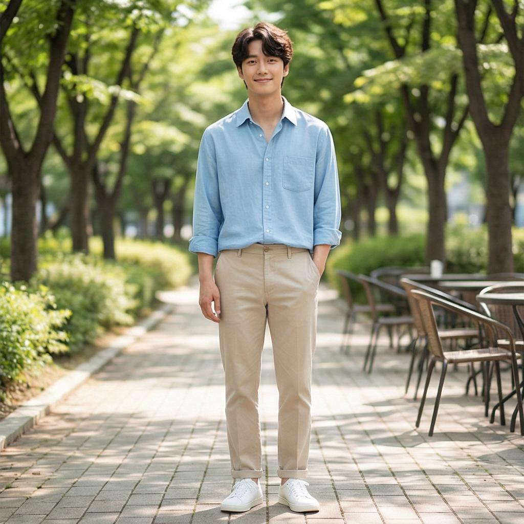 베이지 면바지: 부드러운 주말 나들이 룩