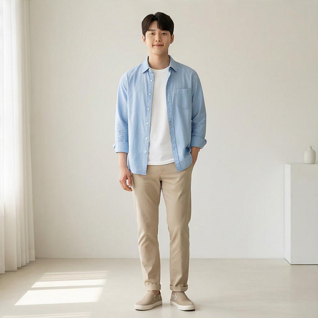 흰색 반팔 티셔츠: 간절기 레이어드 룩