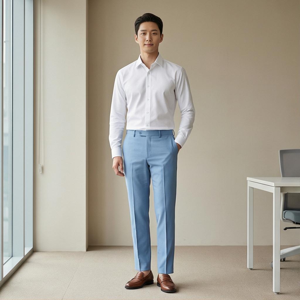 흰색 셔츠와 무지 티셔츠: 깔끔한 비즈니스 캐주얼 스타일