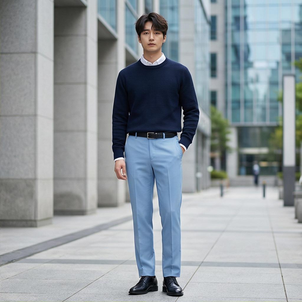 네이비 니트와 피케 셔츠: 차분한 오피스룩