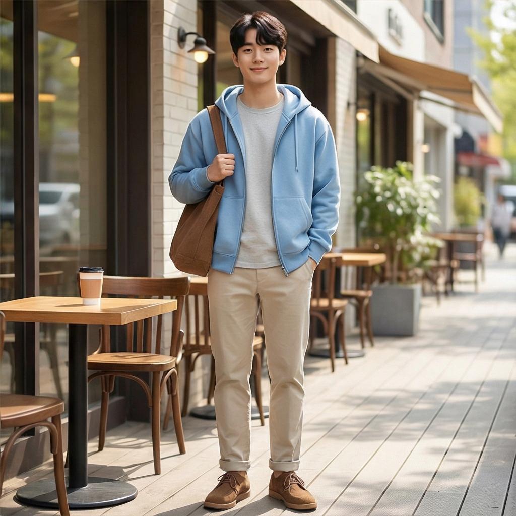 베이지 치노 팬츠: 부드러운 나들이 룩