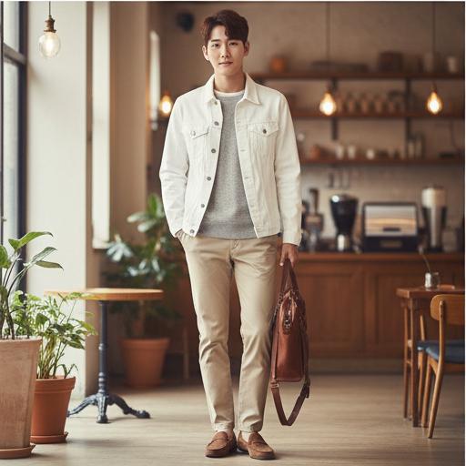 베이지 치노 팬츠: 부드러운 인상의 데이트 룩