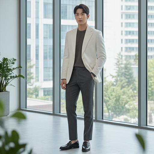 차콜 슬랙스와 클래식 로퍼: 오피스룩