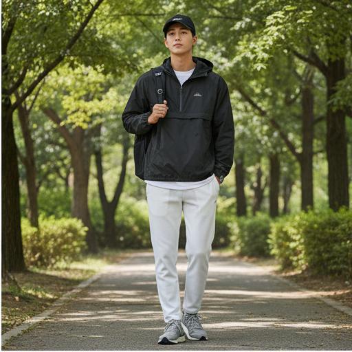 검정색 바람막이: 활동적인 산책 및 운동룩