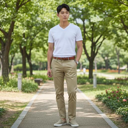 카키색 치노 팬츠: 차분한 근교 나들이 룩
