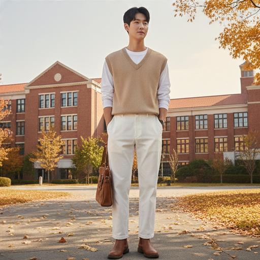 베이지색 니트 조끼: 부드러운 인상의 가을 캠퍼스 룩