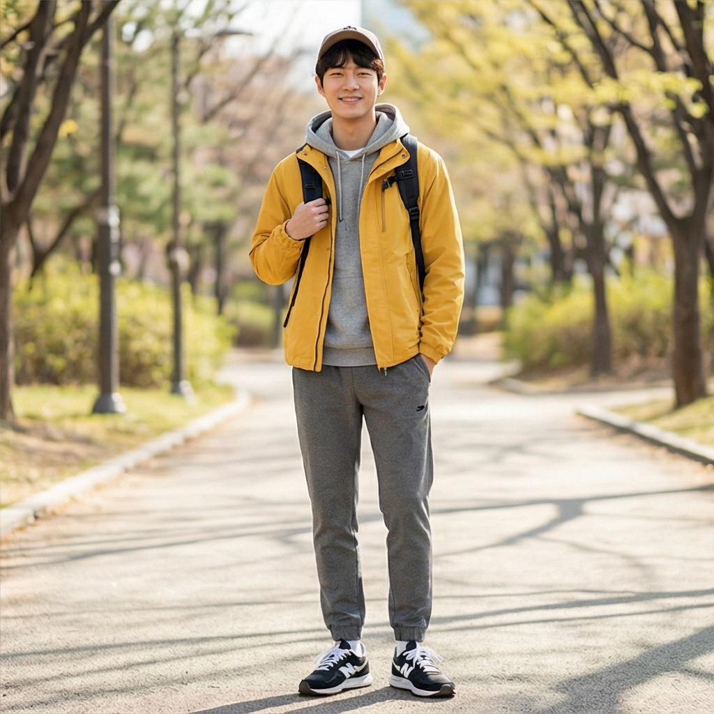 회색 후드 티셔츠와 조거 팬츠: 활동적인 주말 나들이 룩