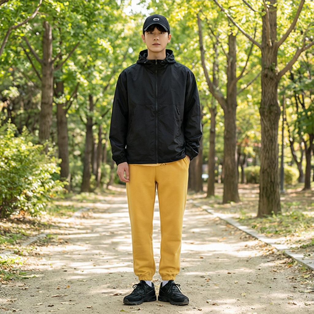 검정색 바람막이 자켓: 세련된 스포티 룩