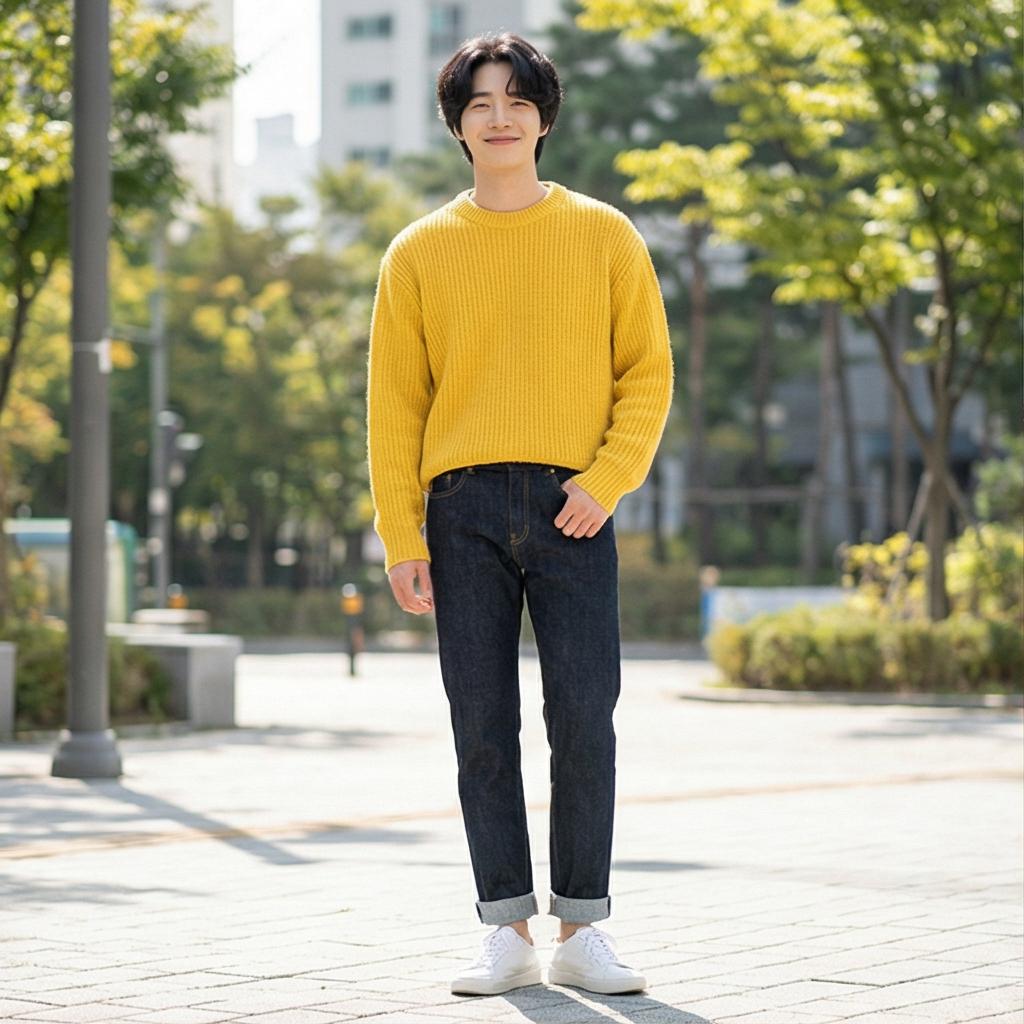 진청 데님 팬츠: 캐주얼한 무드