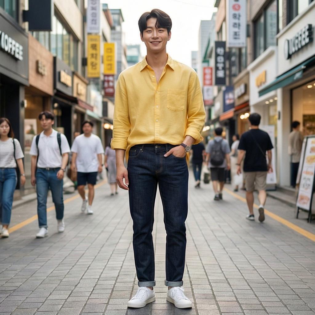 진청 데님 팬츠: 활기찬 주말 나들이 룩