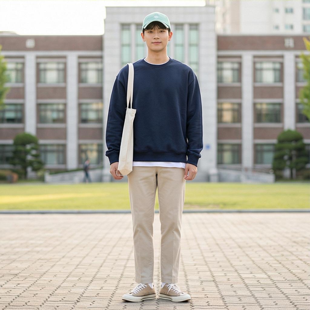 네이비 맨투맨 & 베이지 면바지: 단정한 캠퍼스 룩