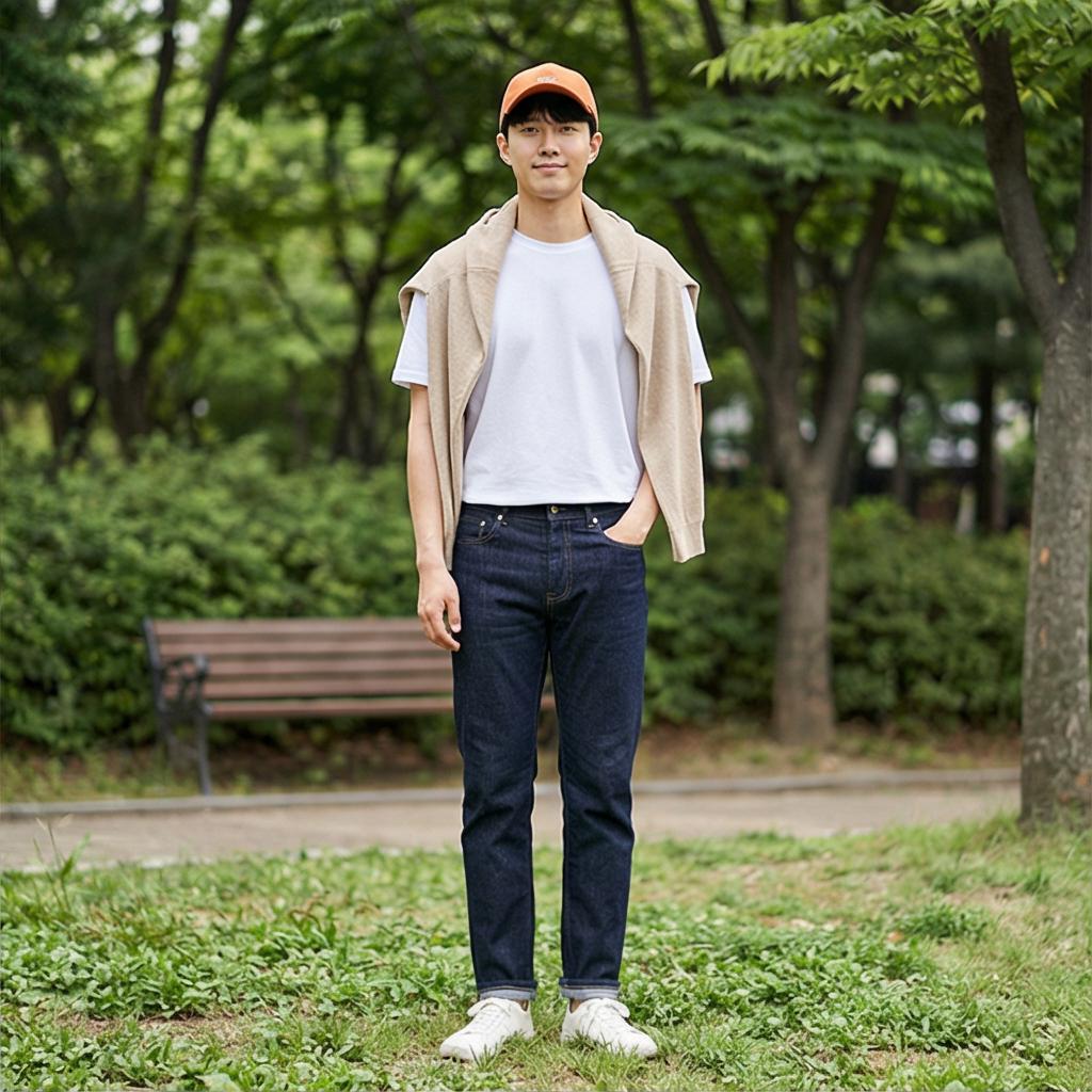 흰색 티셔츠 & 진청 데님: 청량한 나들이 룩