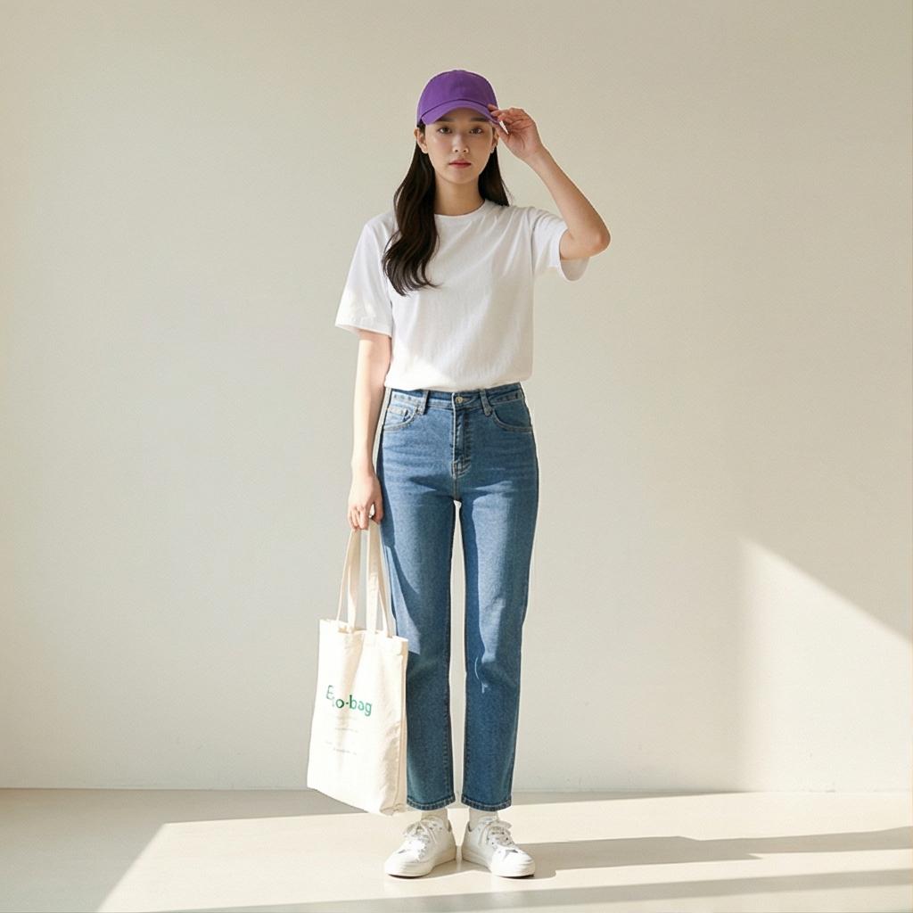 흰색 무지 티셔츠와 청바지: 깔끔한 꾸안꾸 데일리룩