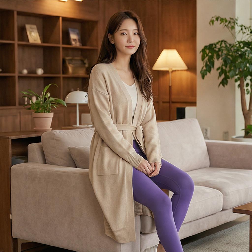 베이지색 롱 니트 가디건: 포근한 실내 라운지 룩