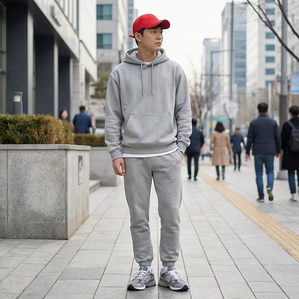 회색 후드티와 조거 팬츠: 편안한 분위기의 산책룩