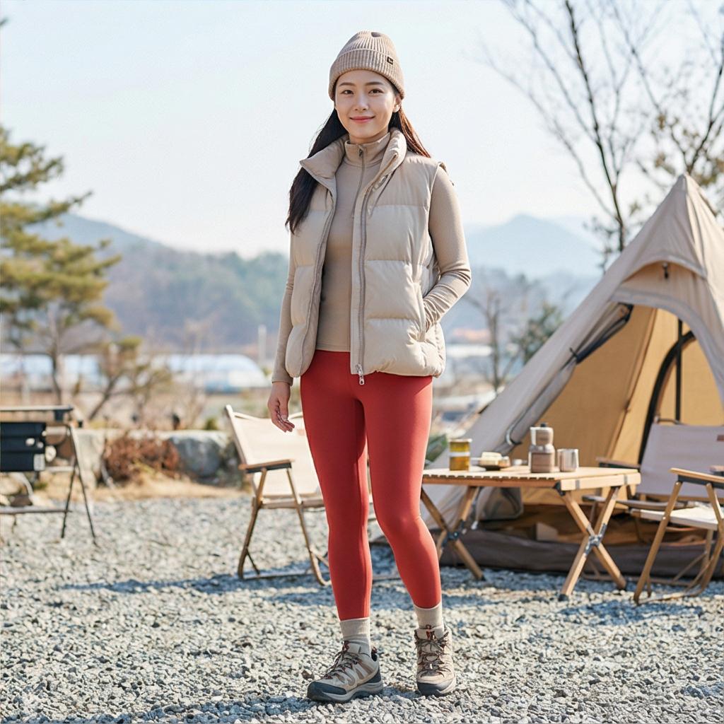 경량 패딩 조끼: 활동적인 캠핑 룩