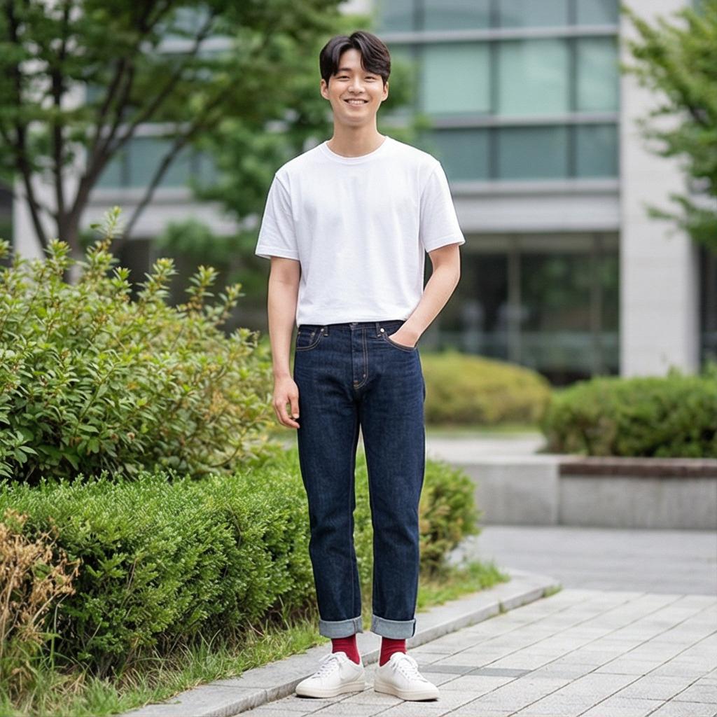 진청 데님과 화이트 스니커즈: 활기찬 주말 나들이 룩