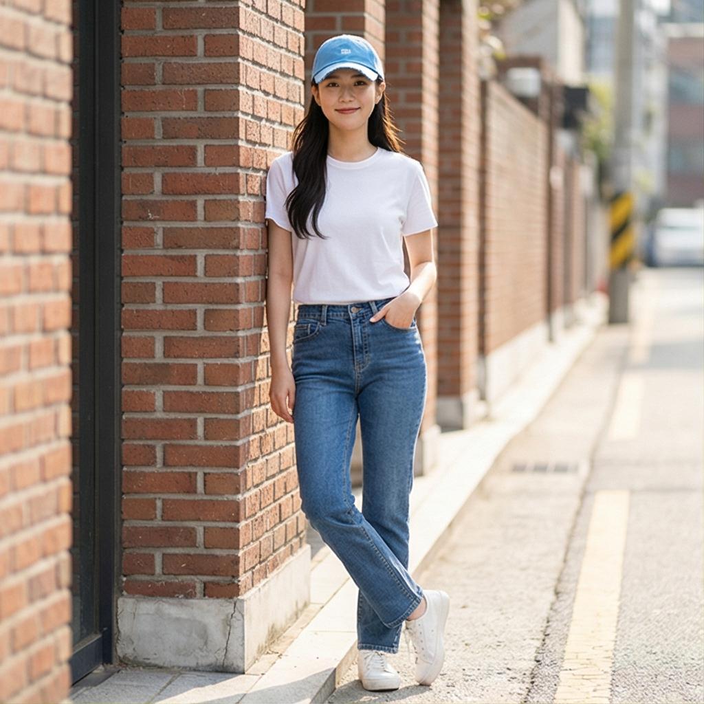 흰색 무지 티셔츠 & 데님 팬츠: 실패 없는 데일리룩