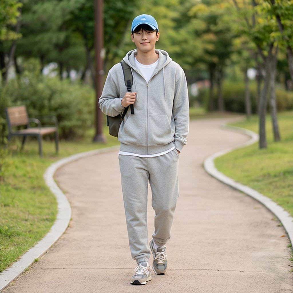 회색 후드 집업 & 조거 팬츠: 편안한 마실룩