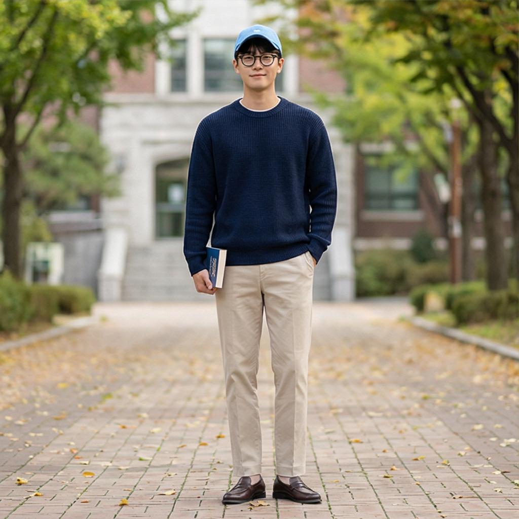 네이비 니트 & 베이지 면바지: 단정한 캠퍼스룩