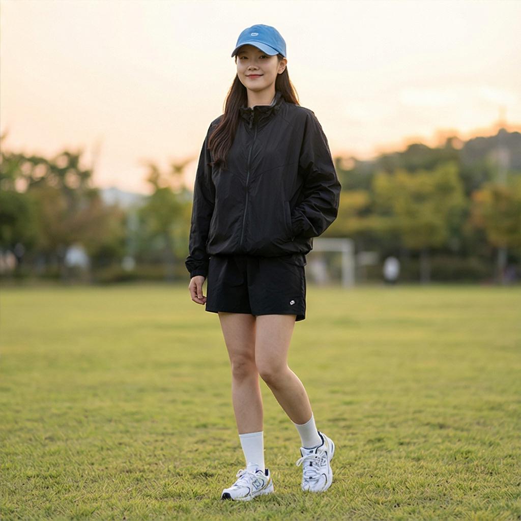 검정색 바람막이 & 쇼츠: 활동적인 나들이룩