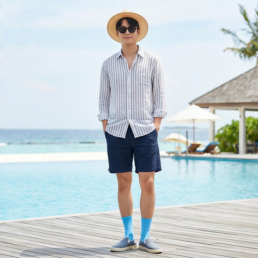 네이비 반바지: 청량한 바캉스 룩