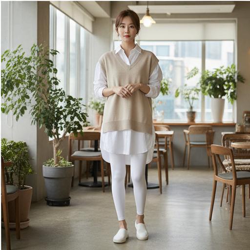 롱 셔츠 & 니트 조끼: 단정하고 차분한 분위기의 나들이룩