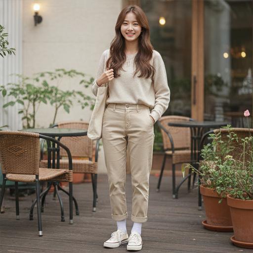 베이지 면바지: 부드러운 주말 나들이룩