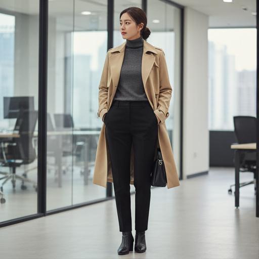 블랙 슬랙스와 터틀넥: 단정한 오피스룩