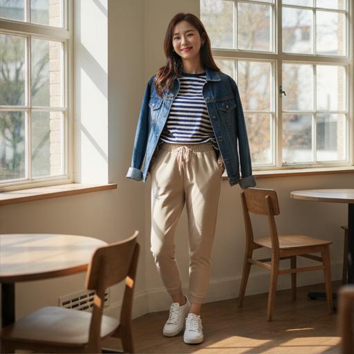 스트라이프 티셔츠, 데님 자켓: 활기찬 나들이룩