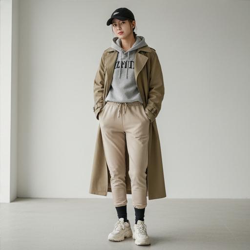 트렌치코트, 볼캡: 멋스러운 애슬레저룩