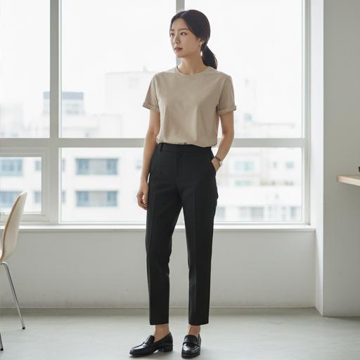 베이지 티셔츠, 검정 슬랙스: 차분하고 신뢰감을 주는 오피스룩