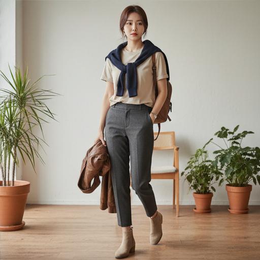 베이지 티셔츠, 네이비 가디건: 실용성과 스타일을 갖춘 환절기룩