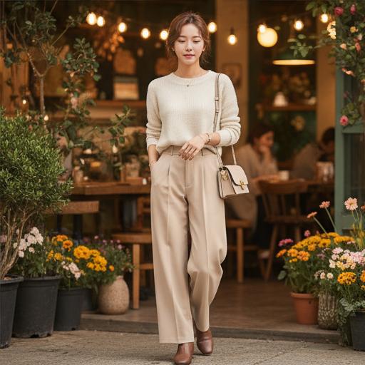 크림색 니트 & 앵클 부츠: 로맨틱 데이트룩