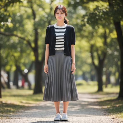 스트라이프 티셔츠 & 미디 스커트: 세련된 나들이 룩