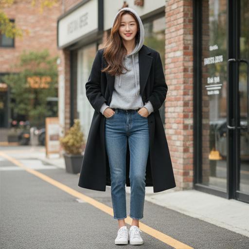 회색 후드티와 데님 팬츠: 캐주얼 데일리룩