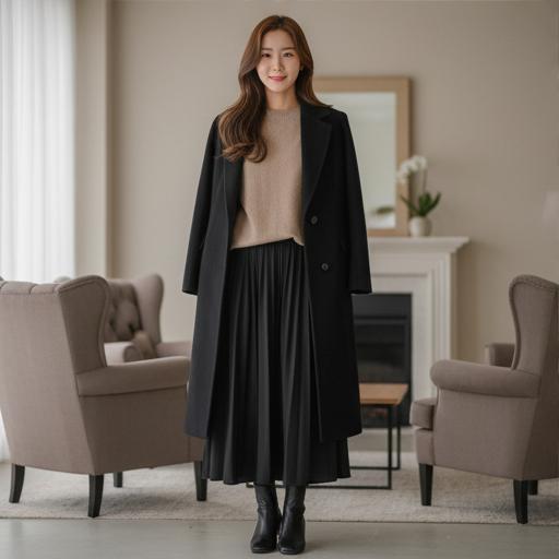 베이지 니트와 롱 스커트: 우아한 모임룩