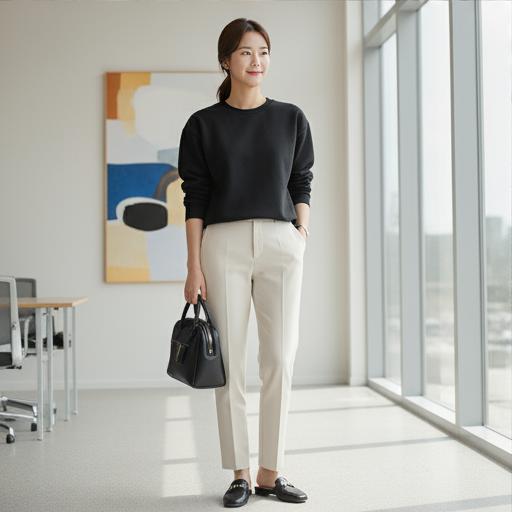 베이지 슬랙스: 깔끔한 세미 오피스룩