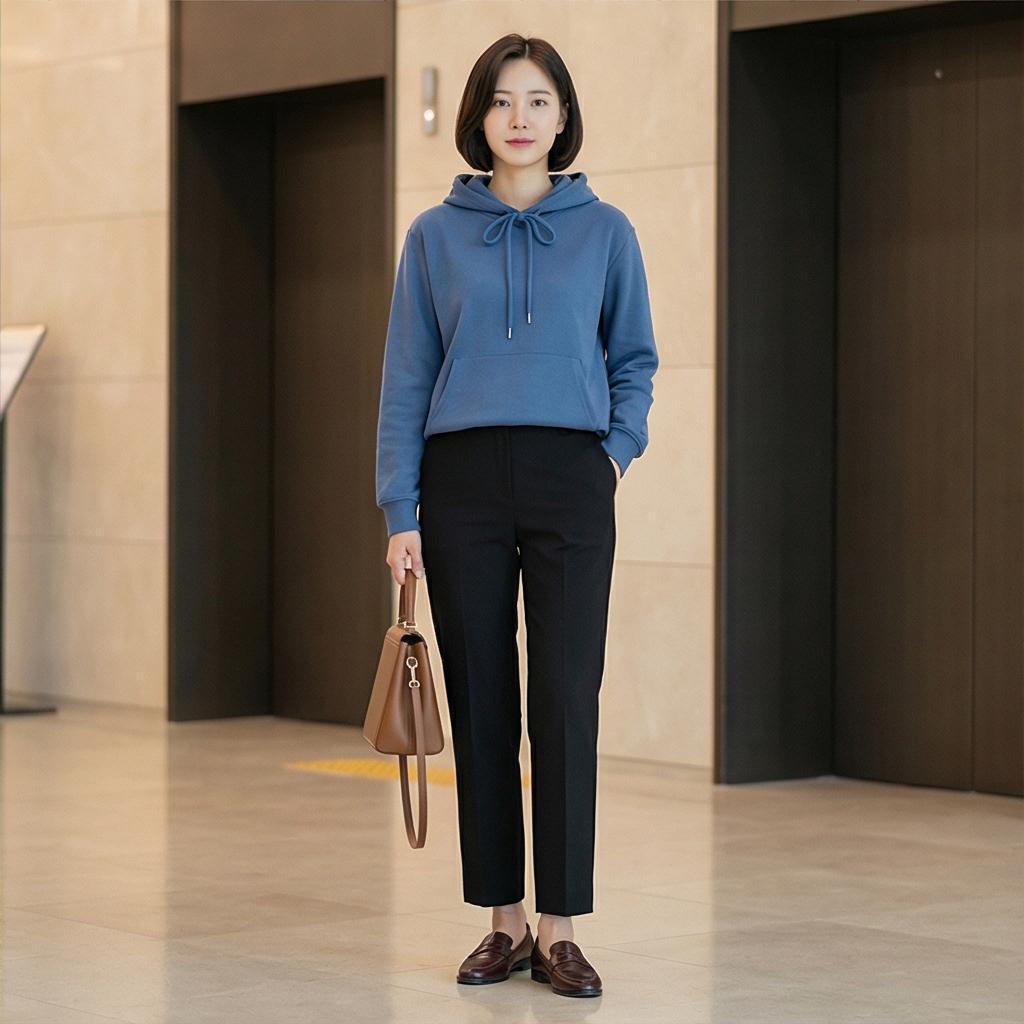 블랙 슬랙스와 가죽 가방: 세련된 비즈니스 캐주얼