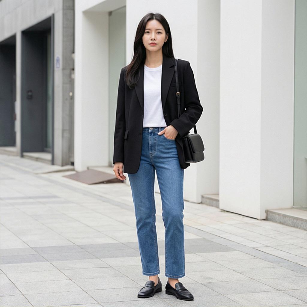 검정색 자켓 & 흰 티셔츠: 시크한 세미 정장 분위기