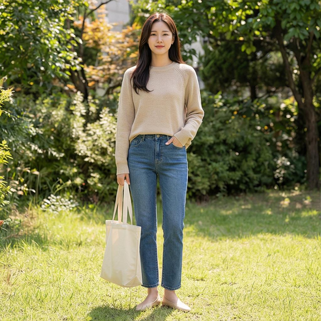 베이지색 니트 & 플랫슈즈: 부드러운 주말 나들이 룩