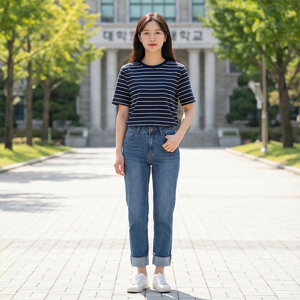 스트라이프 티셔츠 & 캔버스화: 활기찬 캠퍼스 스타일