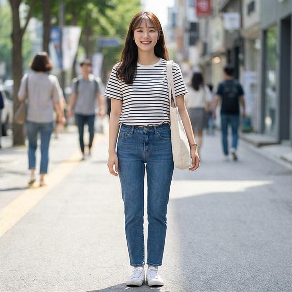 스트라이프 티셔츠와 데님 팬츠: 경쾌한 분위기