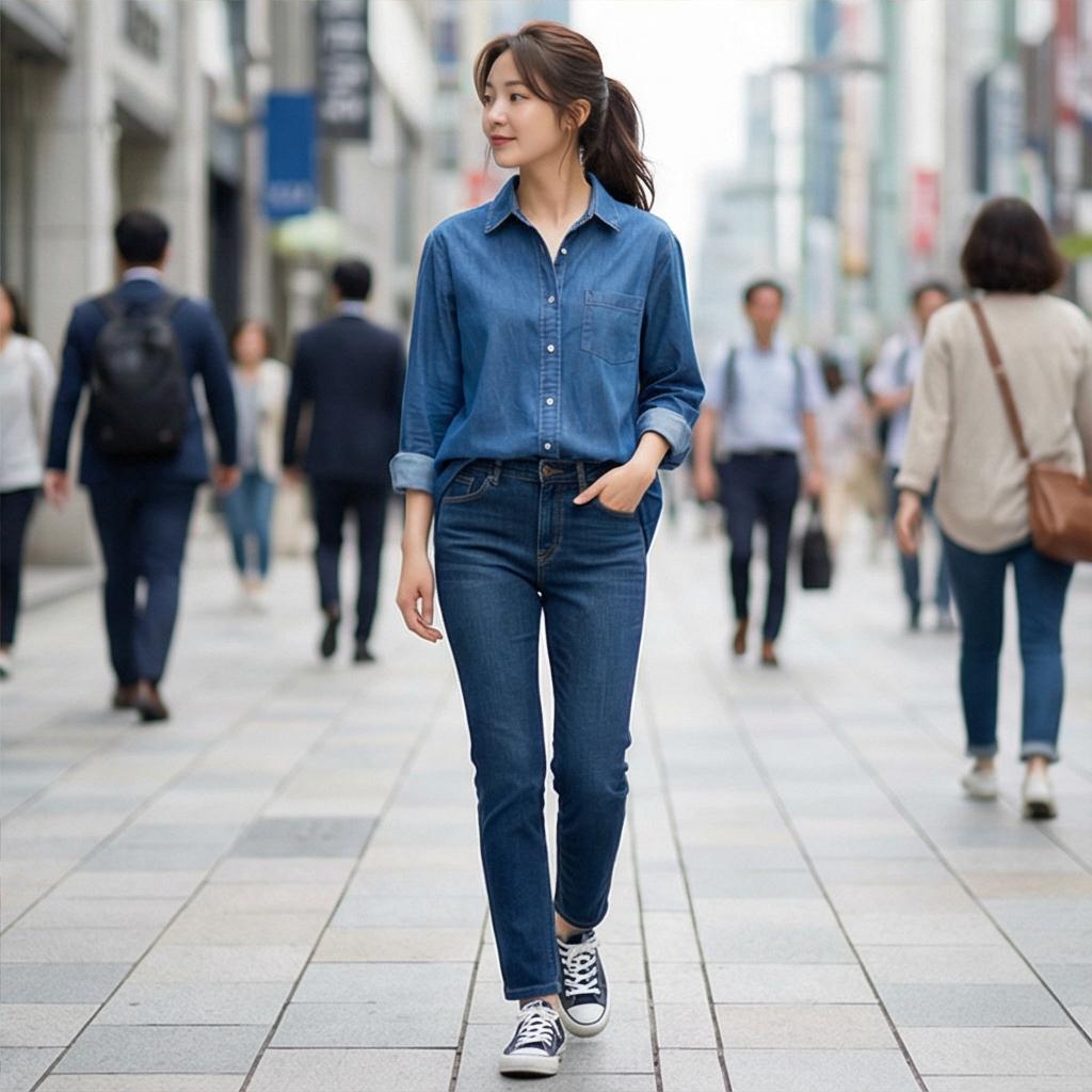 진청 데님 팬츠: 편안한 무드의 데일리룩