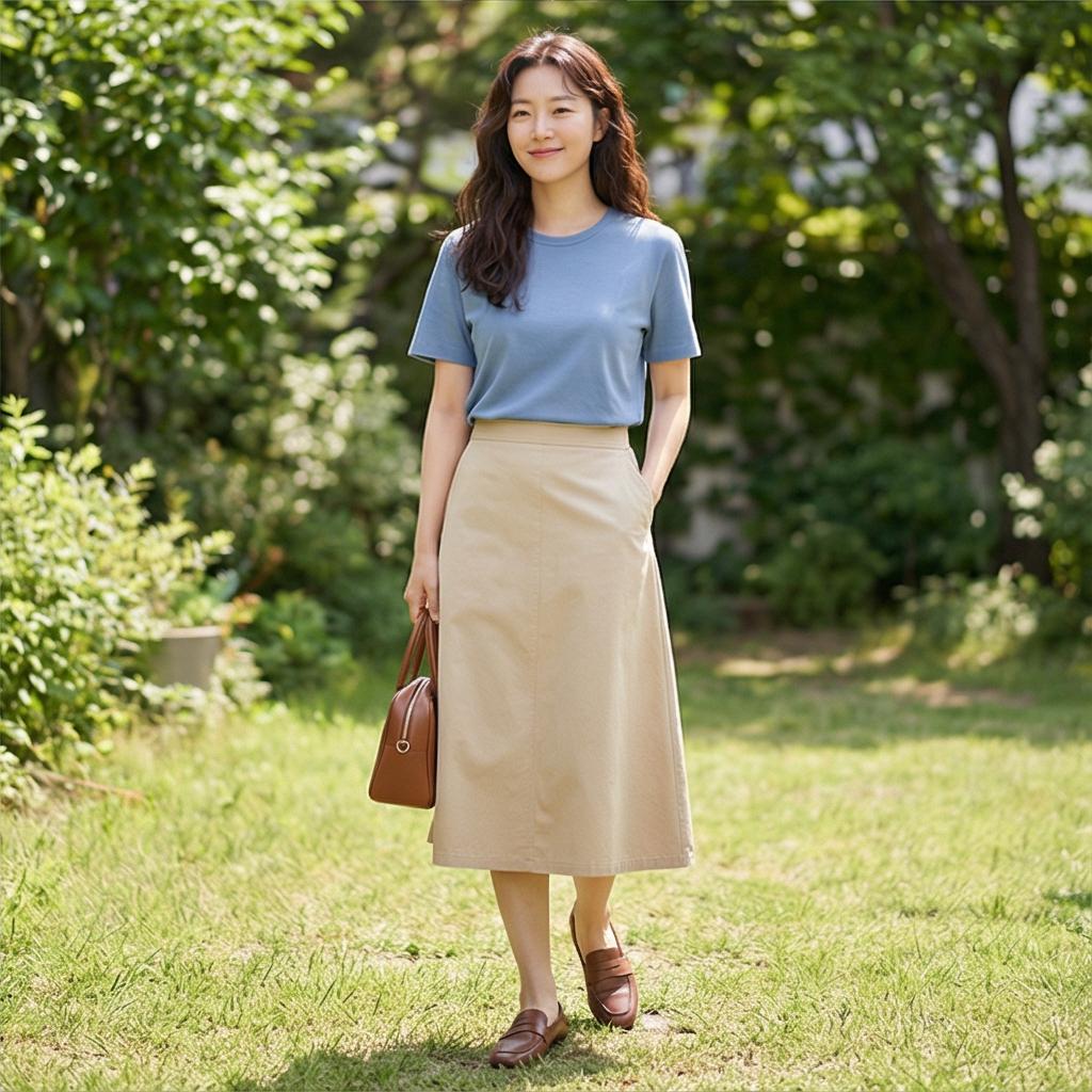 베이지색 코튼 스커트 : 부드럽고 편안한 나들이 스타일