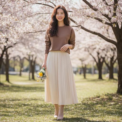 크림색 롱 스커트: 부드럽고 차분한 분위기의 근교 나들이 룩