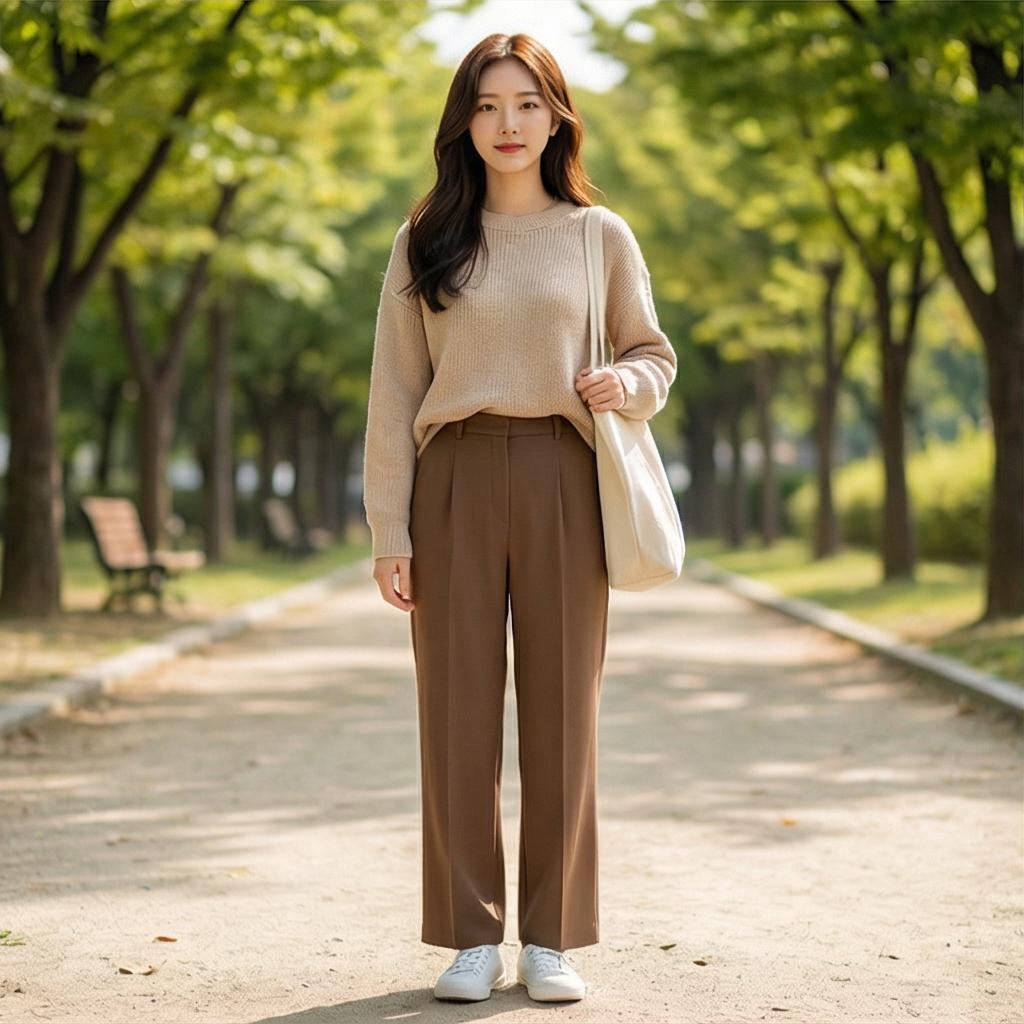 베이지색 니트: 부드럽고 편안한 톤온톤 스타일